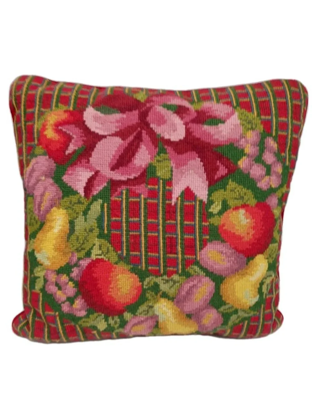 Tapestry Christmas Throw Pillow Wreath Fruit Bow Red Plaid Vintage 15”